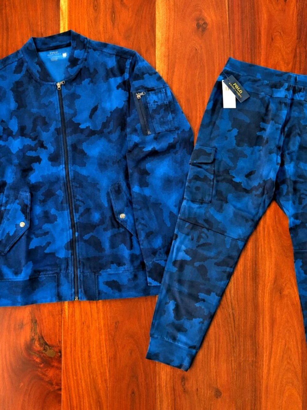 NWT XL SET Polo Ralph Lauren Blue Camo Double-Knit Cargo Bomber and Joggers VHTF